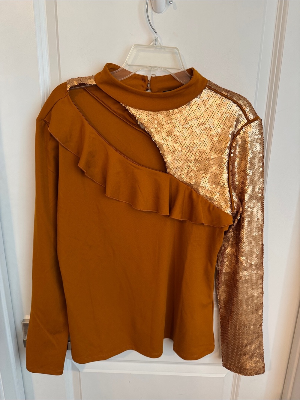 Christian Siriano Rust Ruffle Mock Neck Long Sleeve Top with Gold Sequin Accent